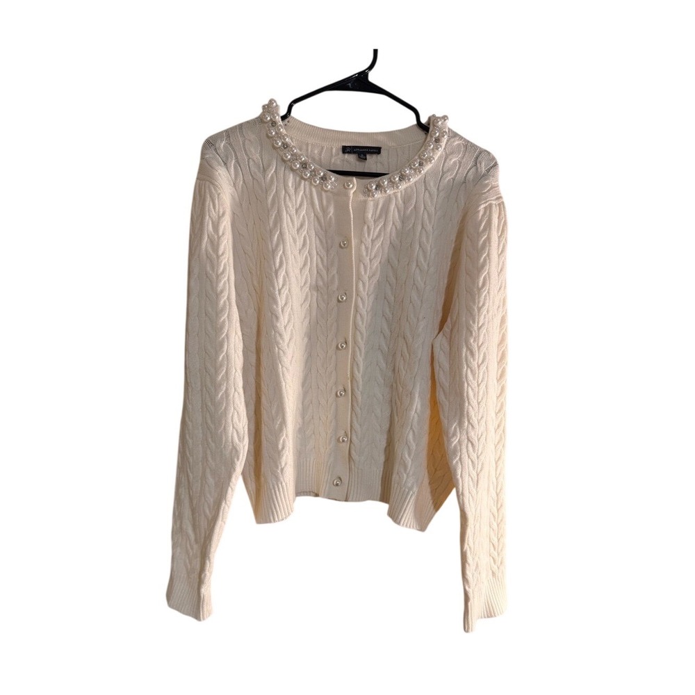 Adrianna Papell Cable Knit Cardigan Sweater Pearl Embellished Collar Cream XL